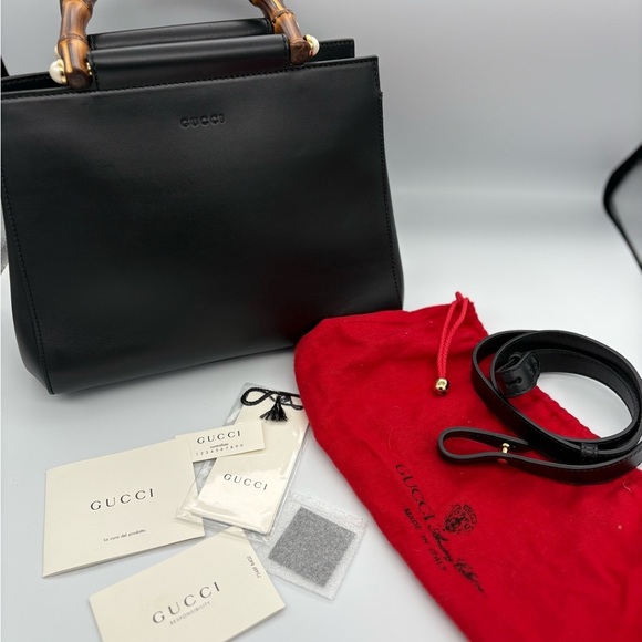 Gucci Handbags - GUCCI Nappa Bamboo Nymphaea Top Handle Satchel Bag Black with Dustbag